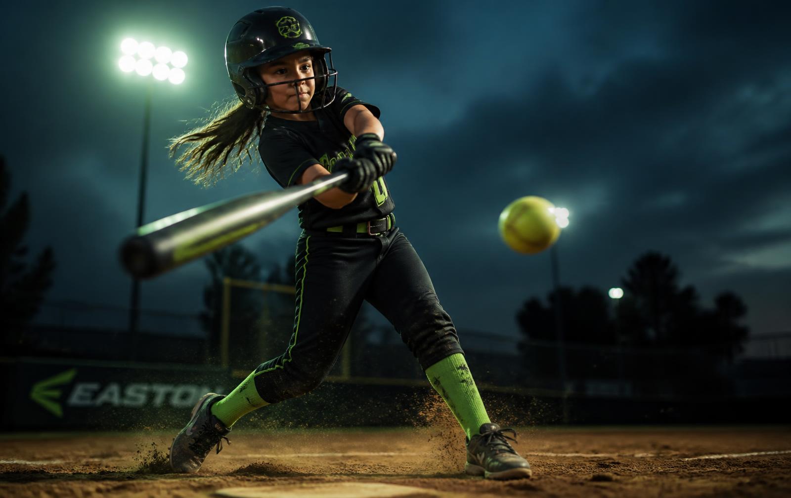 Young softball player connecting with a pitch under stadium lights